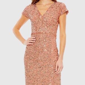 MAC DUGGAL 10766 COPPER SEQUIN SHORT SLEEVE WRAP OVER COCKTAIL DRESS sz 14